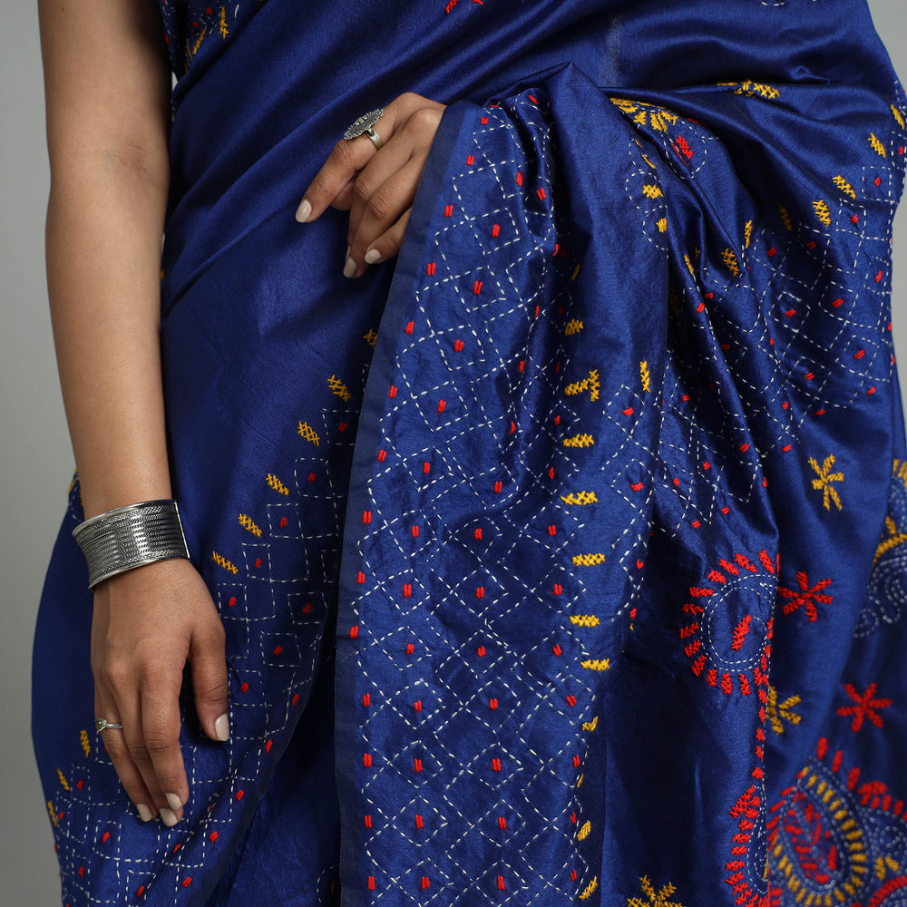 Blue - Handcrafted Bengal Nakshi Kantha Work Silk Saree 39