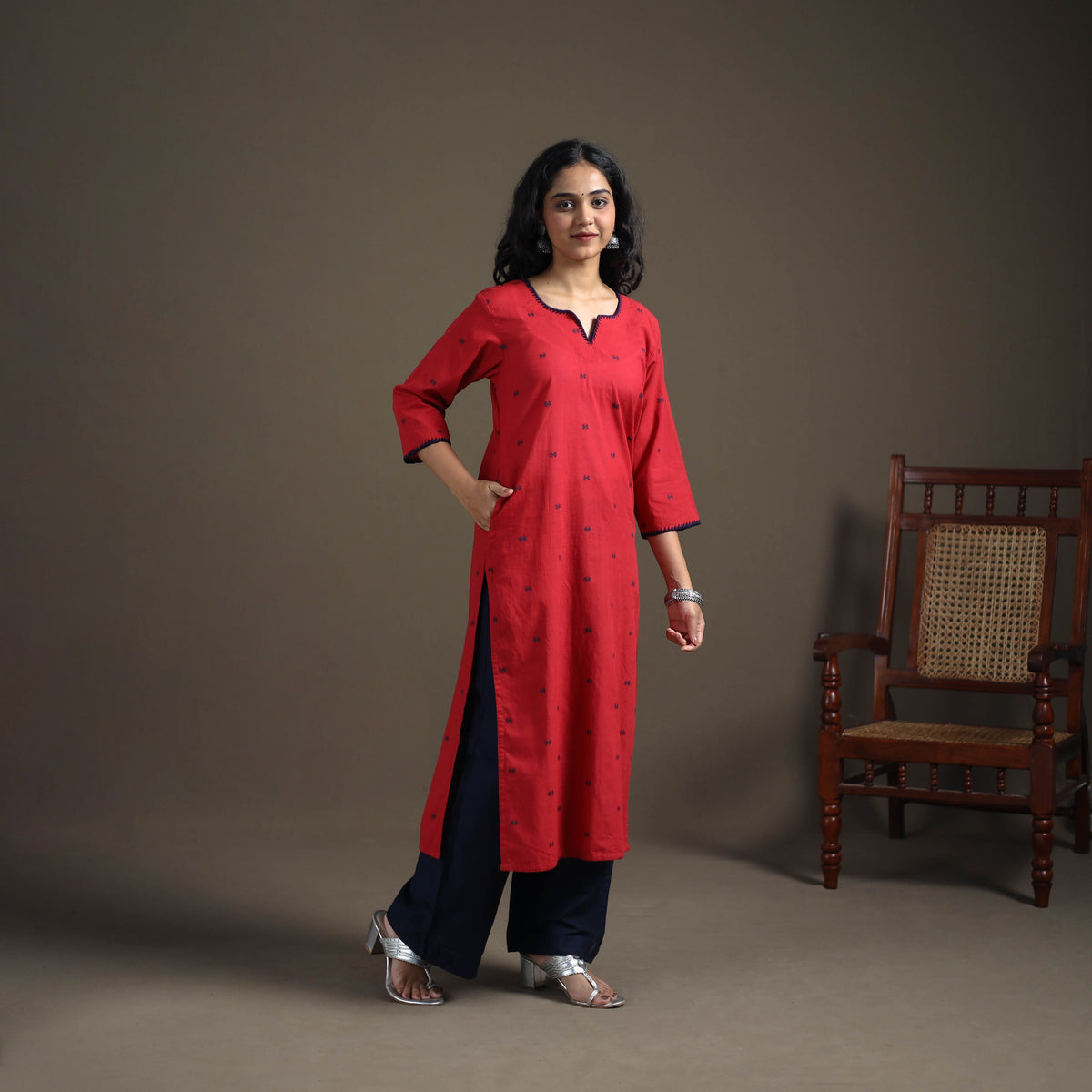 Hand Embroidered Jacquard Cotton Straight Long Kurta for Women 11