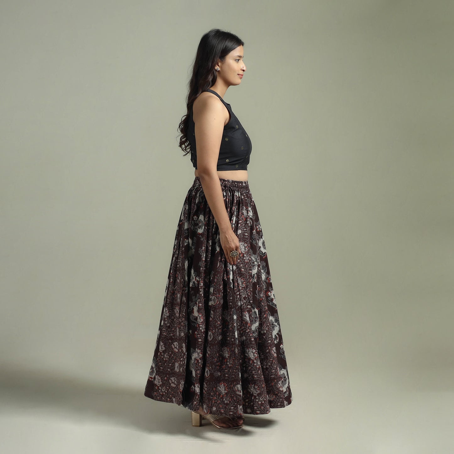 Bagru Hand Block Print 24 Kali Patchwork Natural Dyed Cotton Long Skirt 15