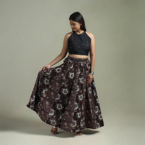 Maroon - Bagru Hand Block Print 24 Kali Patchwork Natural Dyed Cotton Long Skirt 15