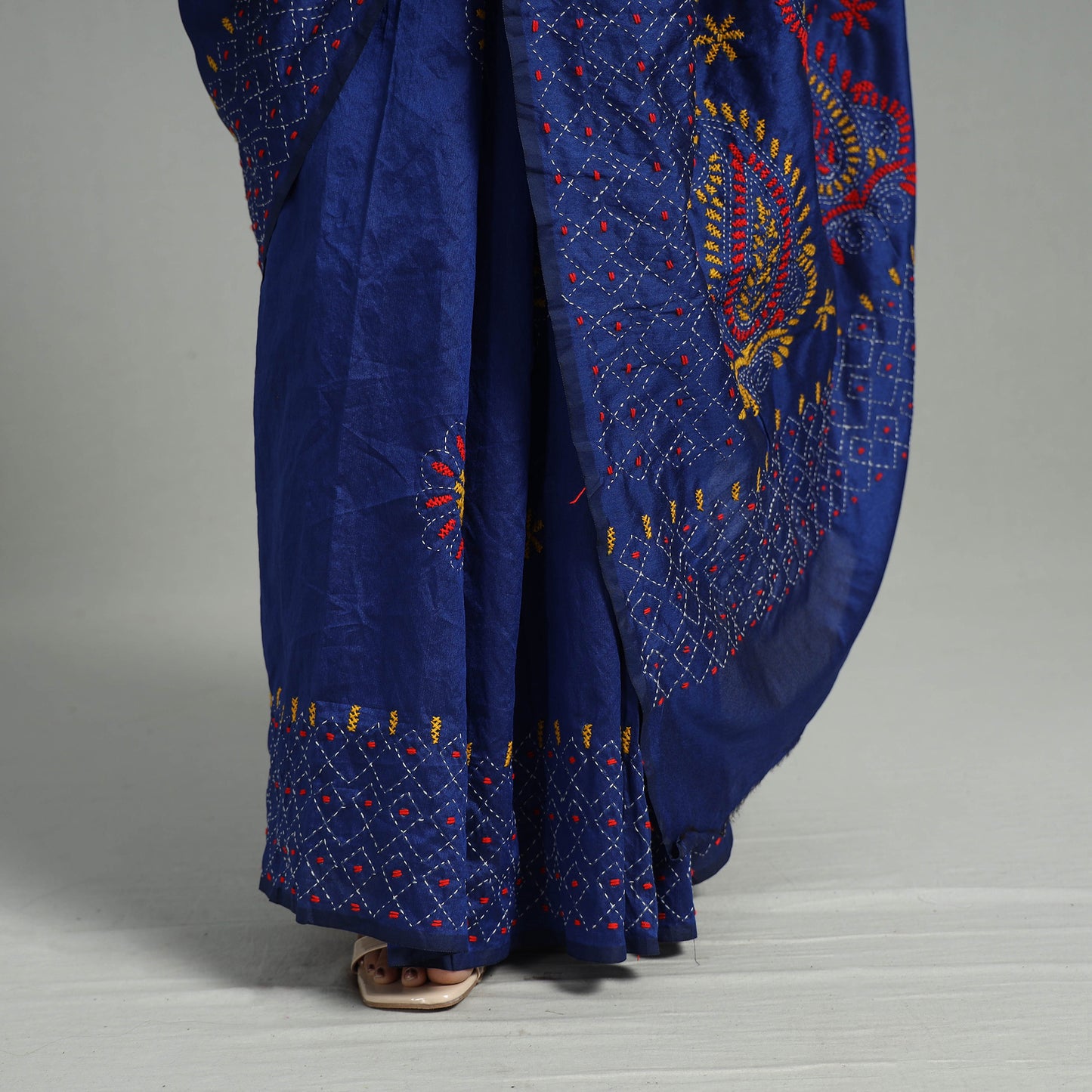 Blue - Handcrafted Bengal Nakshi Kantha Work Silk Saree 39