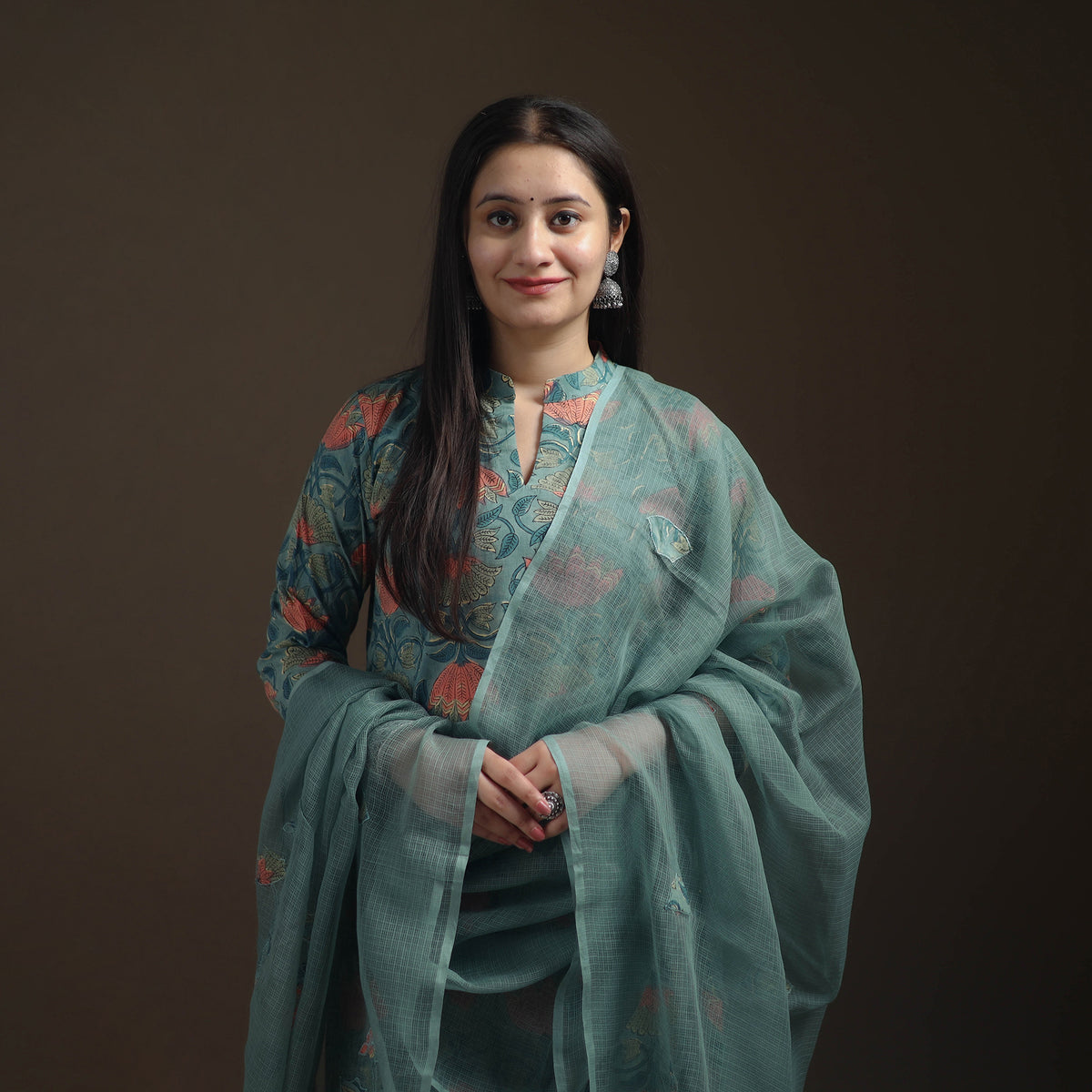 Sanganeri Floral Print Cotton Suit Set with Applique Dupatta for Women 04