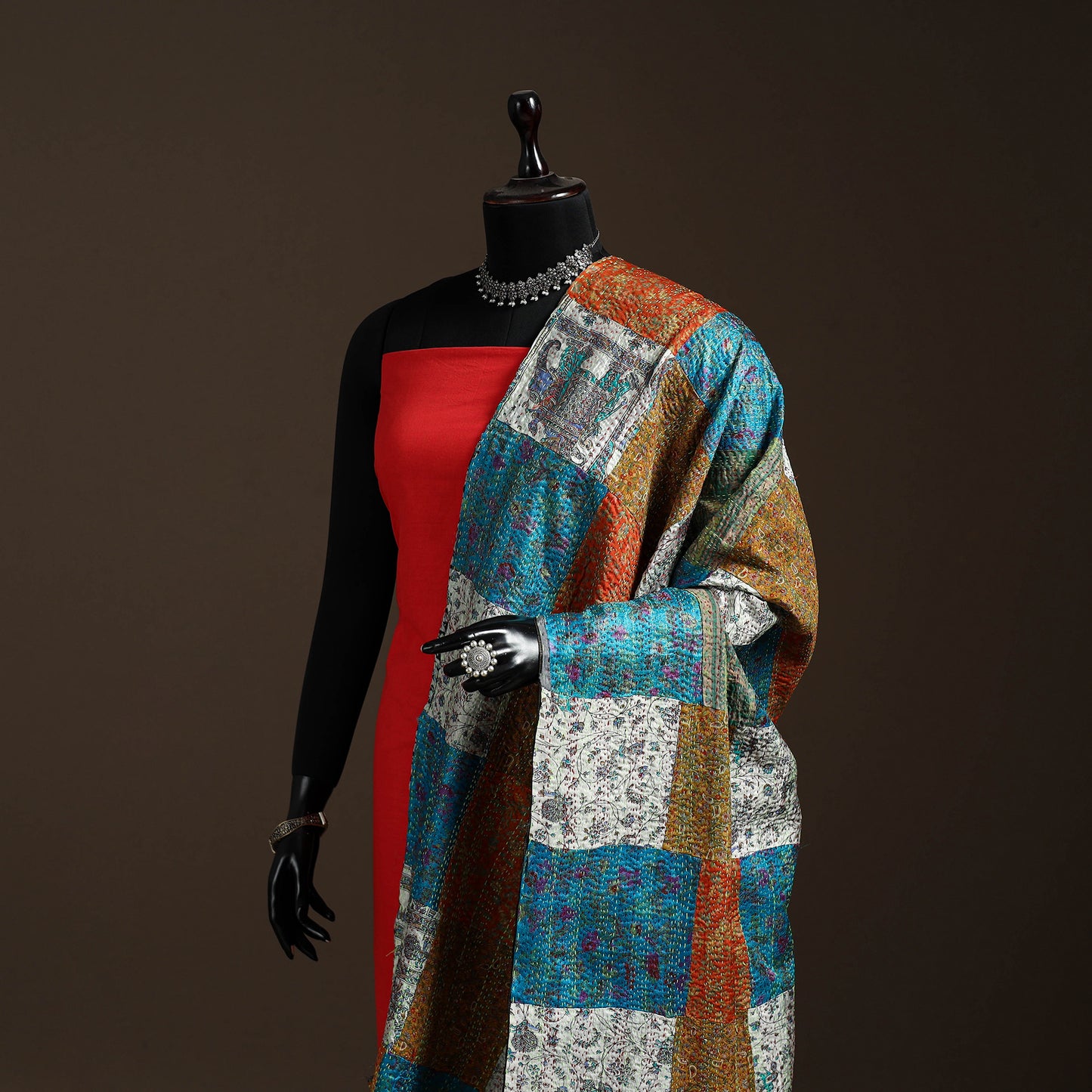 Bengal Hand Embroidery Patchwork Reversible Silk Kantha Dupatta 63