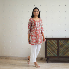 Red Block Printed Cotton Gota Work Short Bagru Kurta
