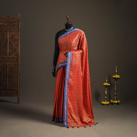 Orange - Mercerised Cotton Silk Khun Saree with Blouse Piece 11