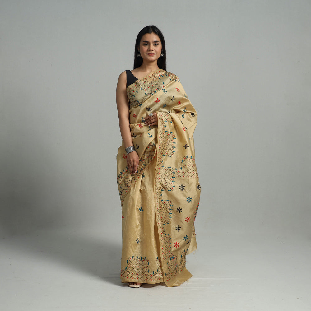 Beige - Handcrafted Bengal Nakshi Kantha Work Silk Saree 40