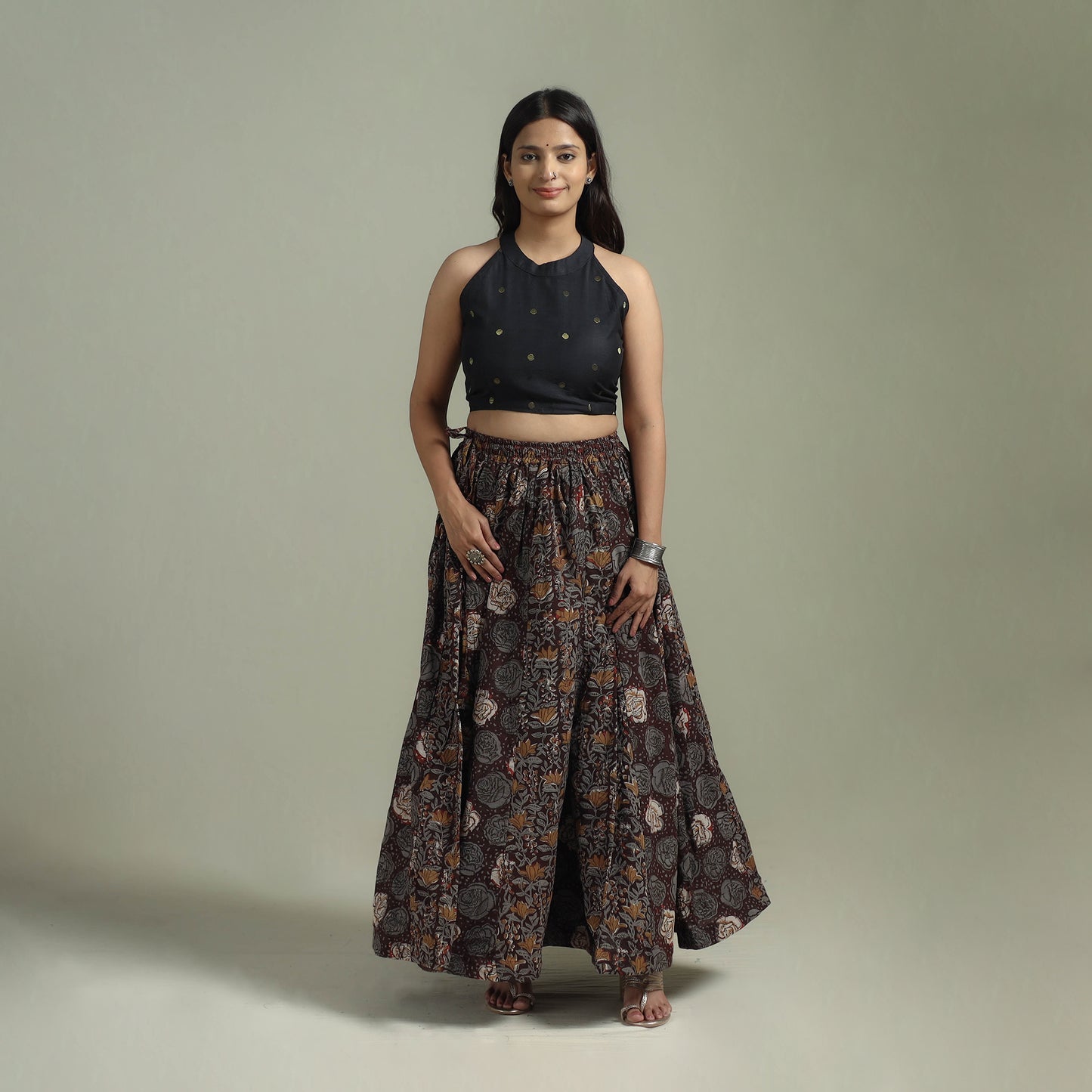 Bagru Hand Block Print 24 Kali Patchwork Natural Dyed Cotton Long Skirt 16
