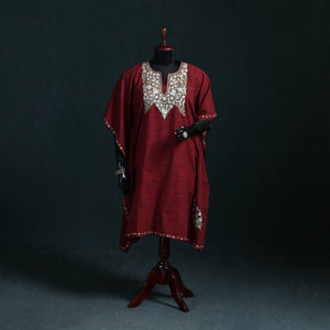 Maroon - Kashmiri Kashida Hand Embroidered Cotton Kaftan (Medium) 15