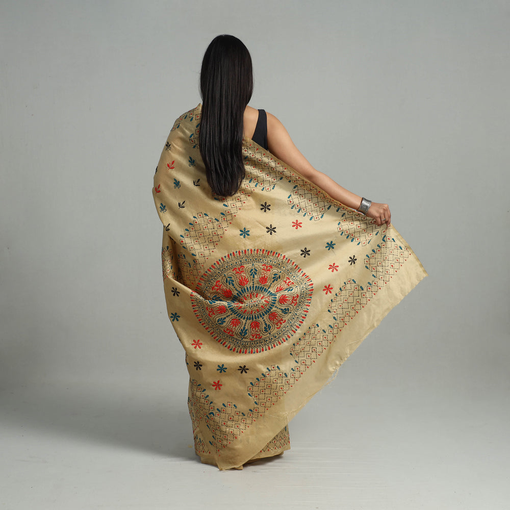 Beige - Handcrafted Bengal Nakshi Kantha Work Silk Saree 40