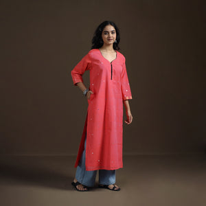 Peach - Mangalagiri Pure Handwoven Cotton Mirror Work Straight Kurta for women 28