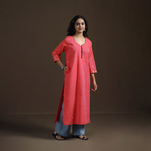 Peach - Mangalagiri Pure Handwoven Cotton Mirror Work Straight Kurta for women 28