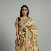 Beige - Handcrafted Bengal Nakshi Kantha Work Silk Saree 40