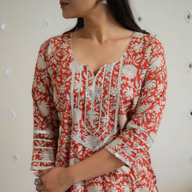 Red Block Printed Cotton Gota Work Short Bagru Kurta