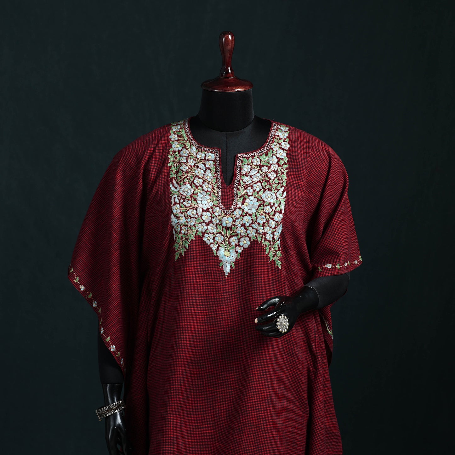Maroon - Kashmiri Kashida Hand Embroidered Cotton Kaftan (Medium) 15