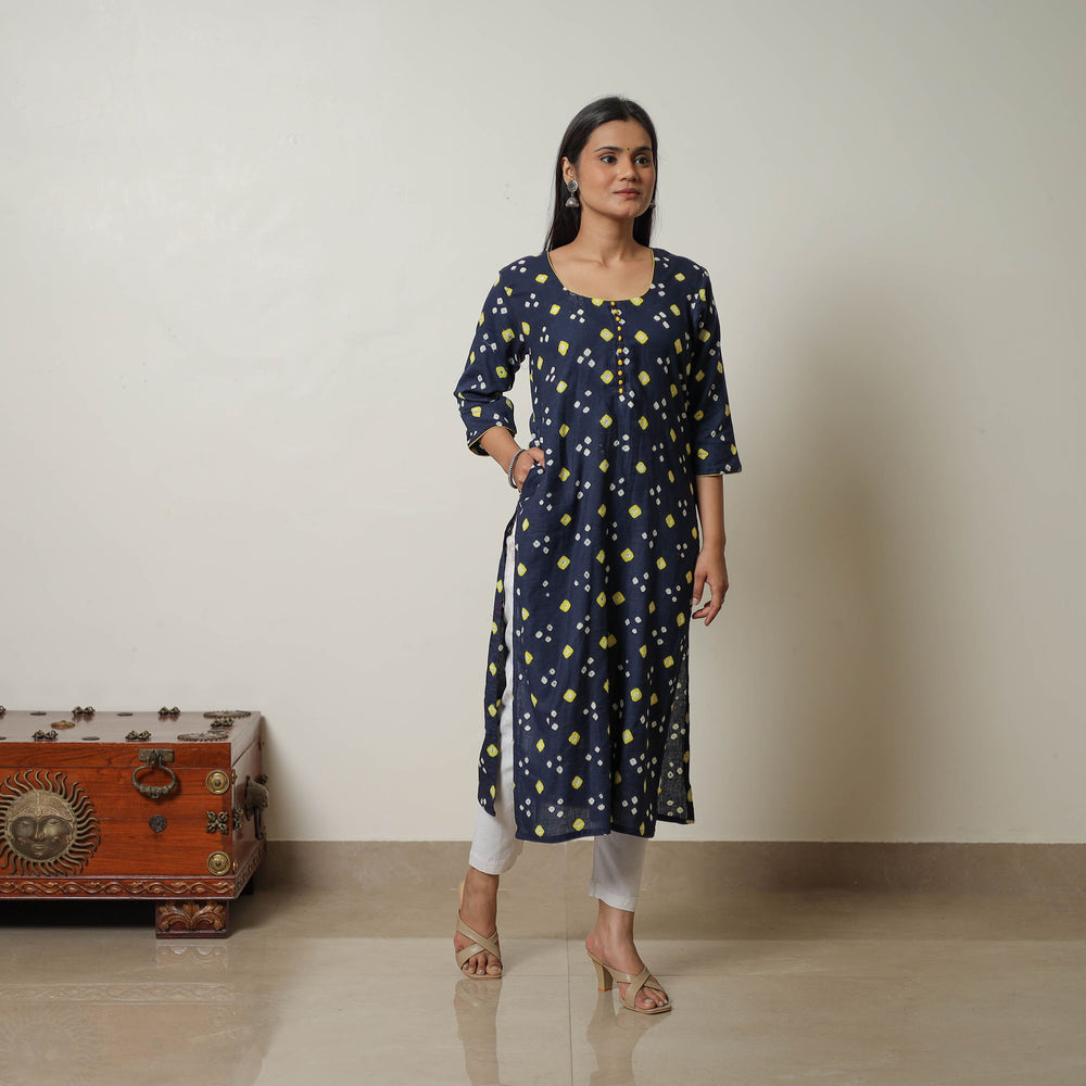 Navy Blue - Tie & dye Cotton Straight Bandhani Kurta 05