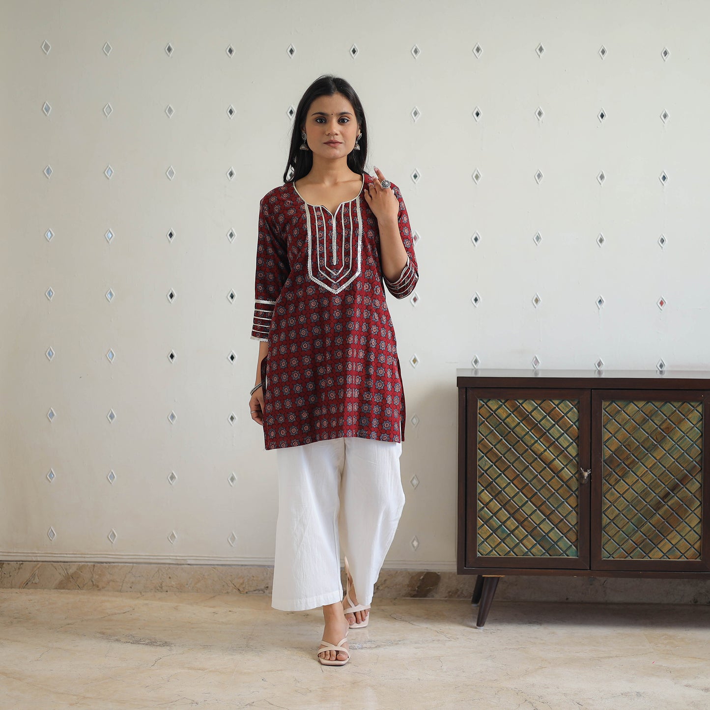 Maroon - Block Printed Cotton Gota Work Short Ajrakh Kurta 16