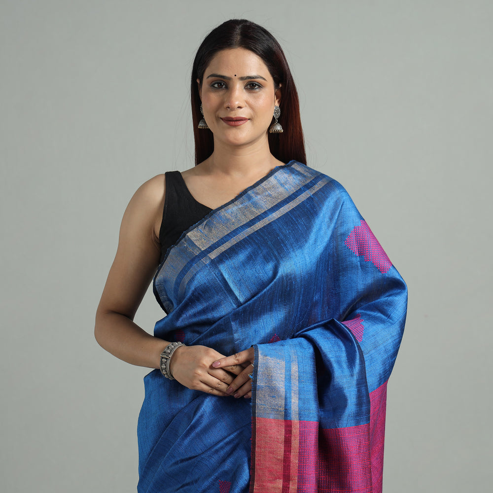 Blue - Bengal Woven Border Handloom Pure Cotton Saree 51