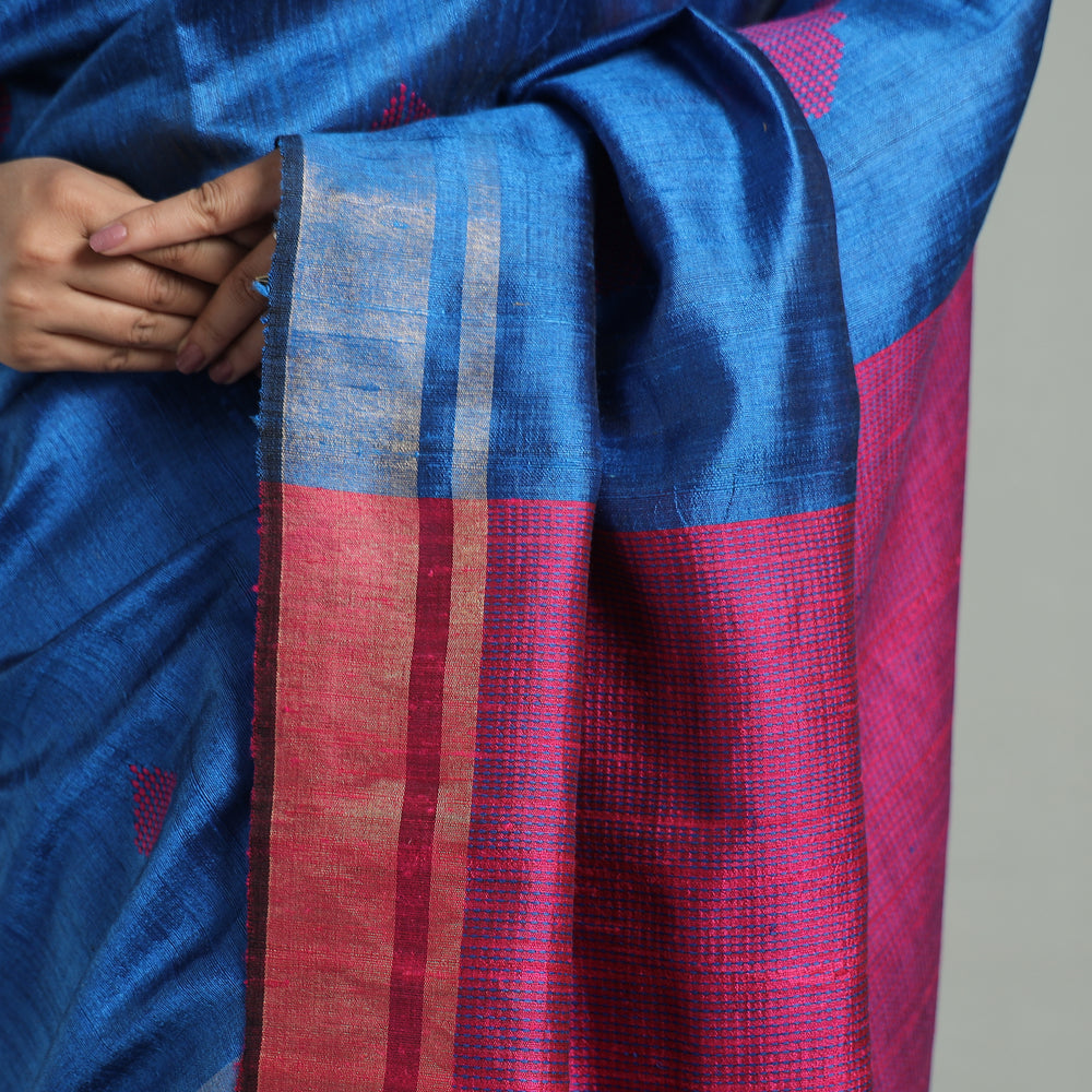 Blue - Bengal Woven Border Handloom Pure Cotton Saree 51