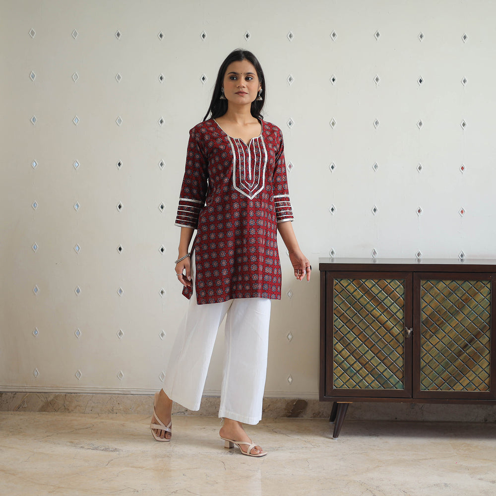 Maroon - Block Printed Cotton Gota Work Short Ajrakh Kurta 16