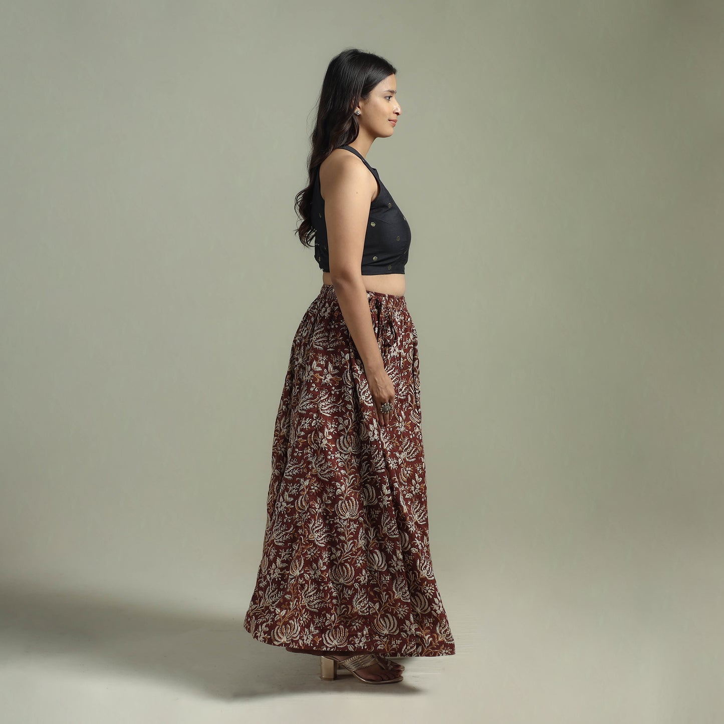 Bagru Hand Block Print 24 Kali Patchwork Natural Dyed Cotton Long Skirt 17