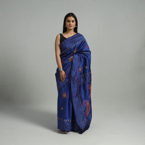 Blue - Handcrafted Bengal Nakshi Kantha Work Silk Saree 41