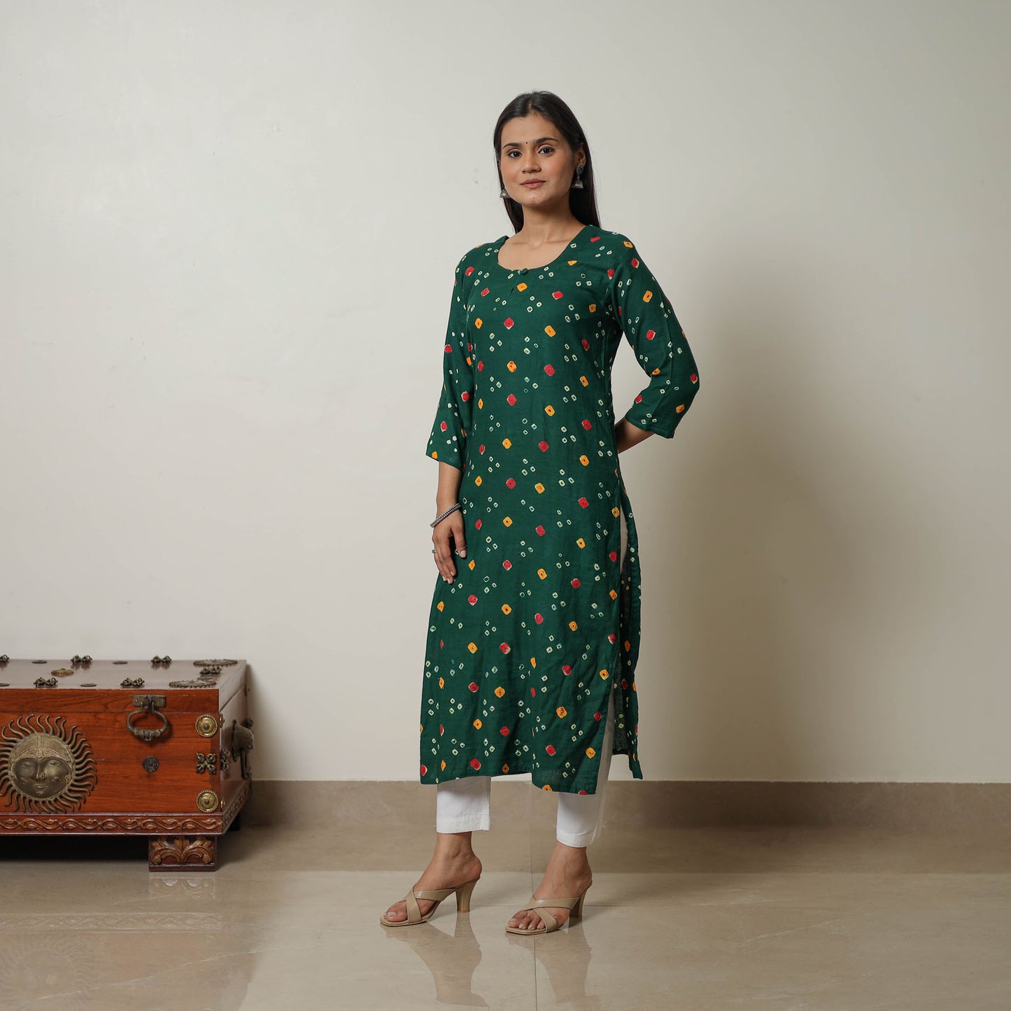 Persian Green - Tie & dye Cotton A-Line Bandhani Kurta 09