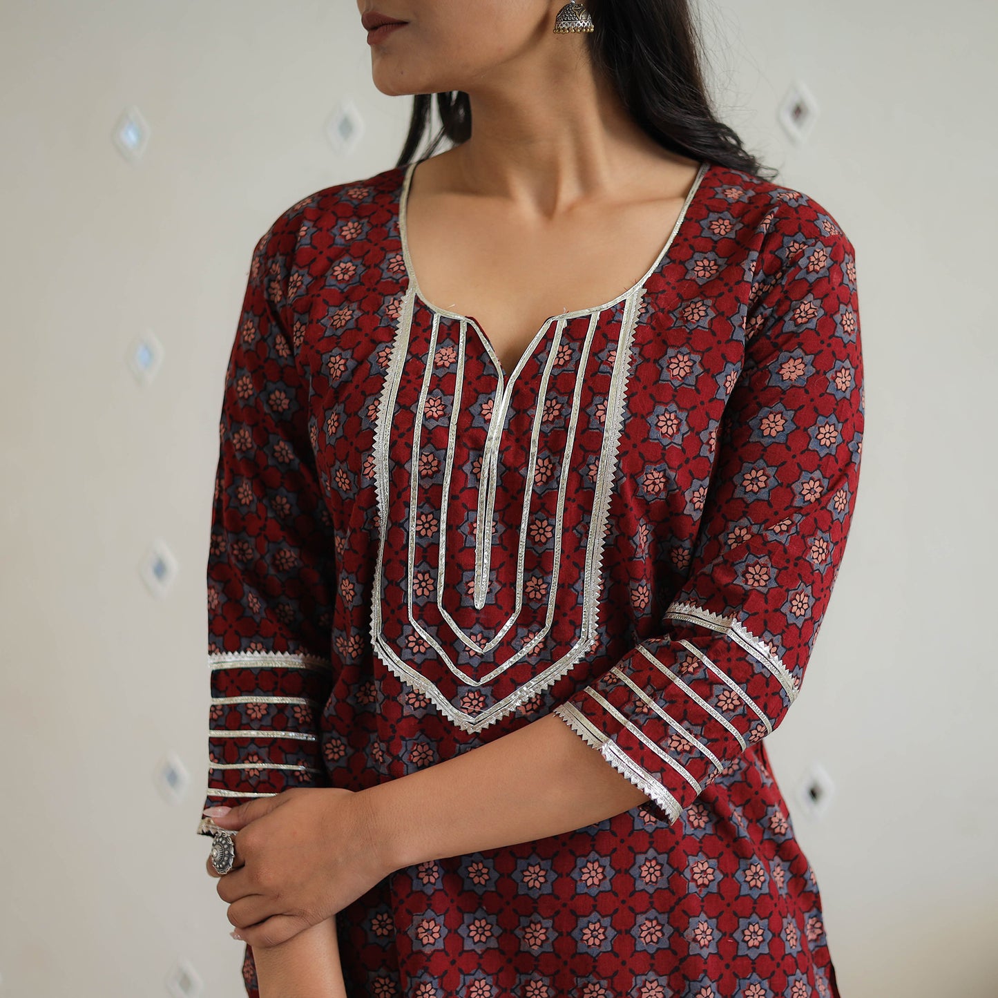 Maroon - Block Printed Cotton Gota Work Short Ajrakh Kurta 16