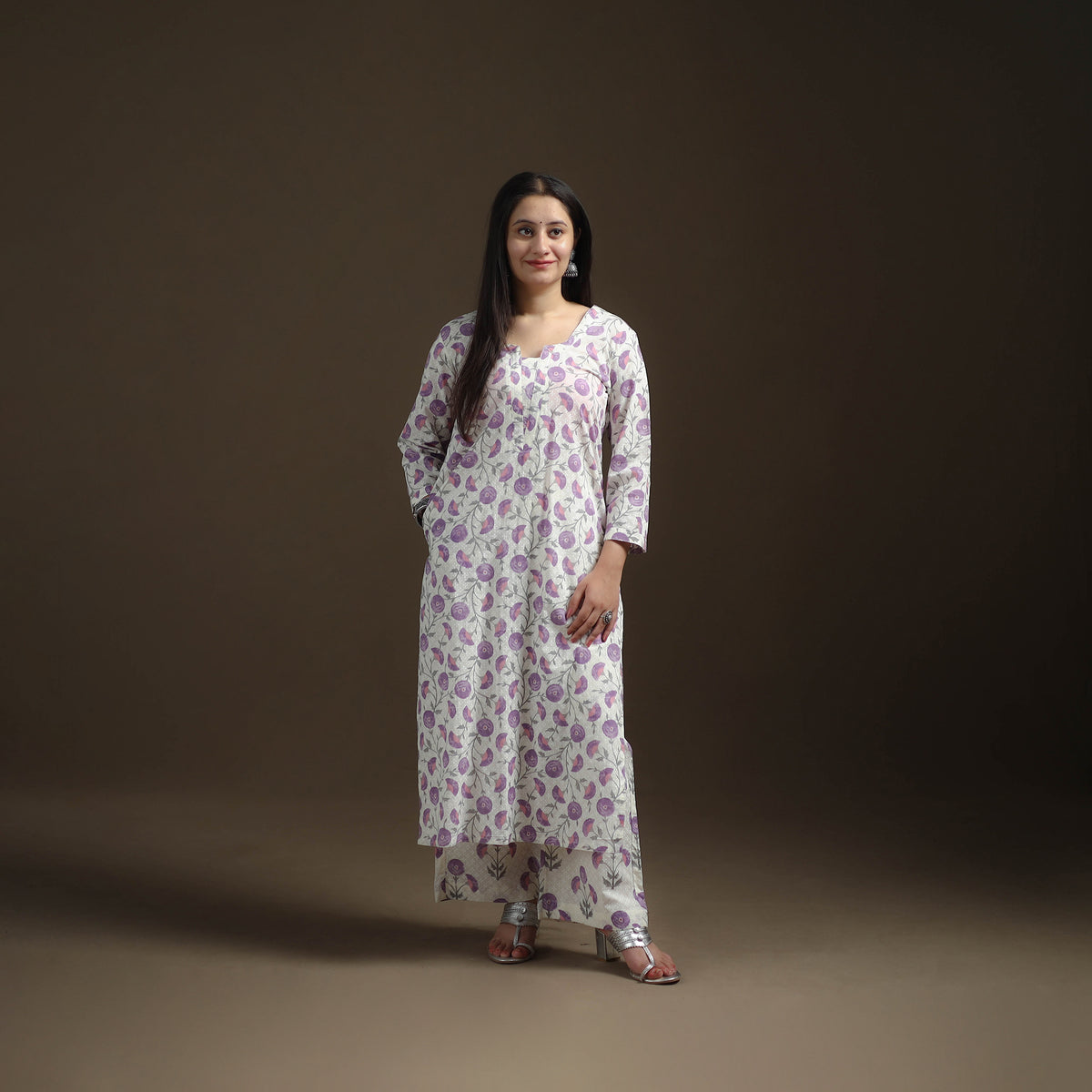 Sanganeri Floral Print Cotton Suit Set with Applique Dupatta for Women 07