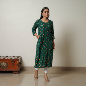 Persian Green Tie & dye Cotton A-Line Bandhani Kurta for Women