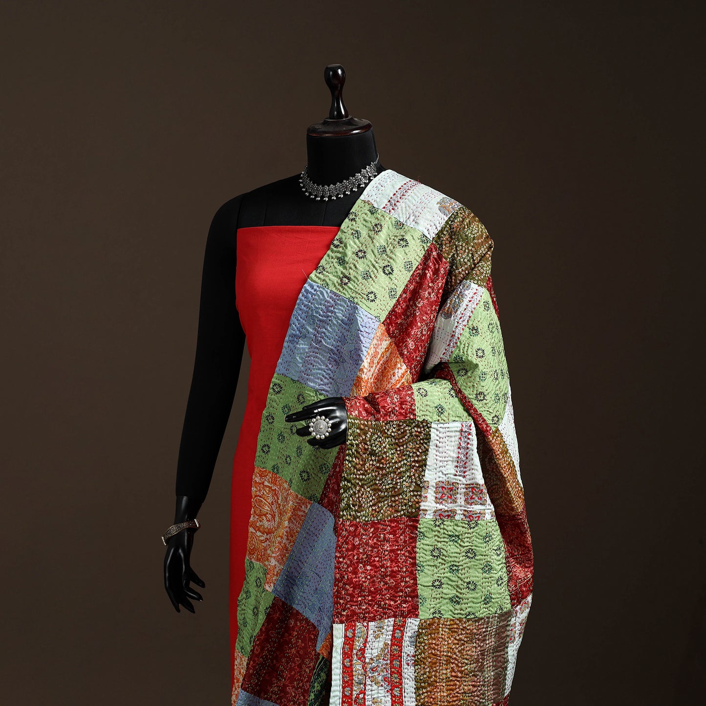 Multicolor - Bengal Hand Embroidery Patchwork Reversible Silk Kantha Dupatta 65