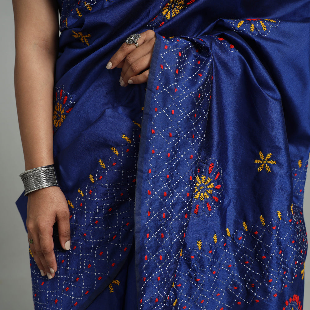 Blue - Handcrafted Bengal Nakshi Kantha Work Silk Saree 41