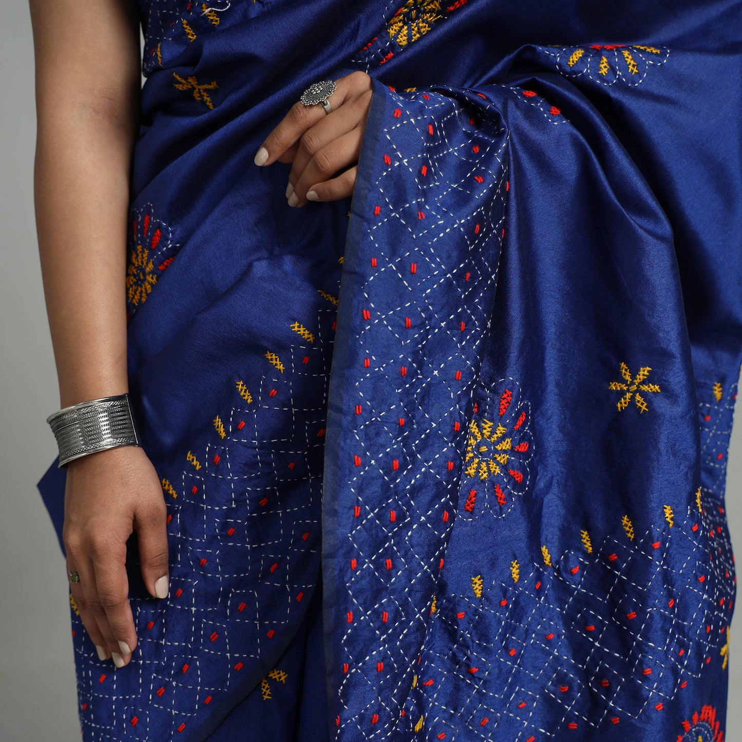 Blue - Handcrafted Bengal Nakshi Kantha Work Silk Saree 41