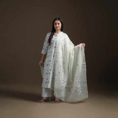 Sanganeri Floral Print Cotton Suit Set with Applique Dupatta for Women 01