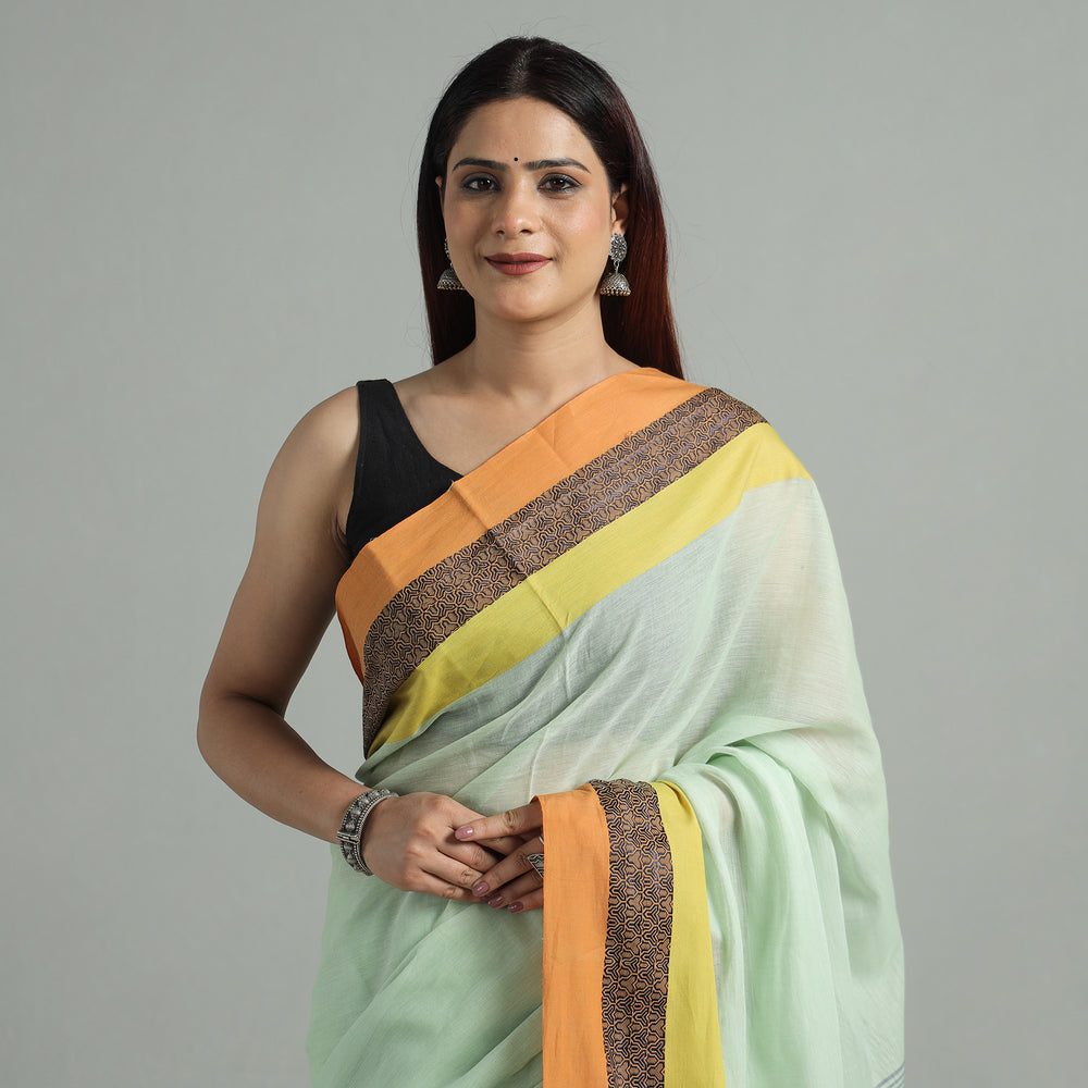 Green - Bengal Woven Border Handloom Pure Cotton Saree 52