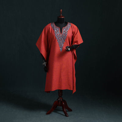 Red - Kashmiri Kashida Hand Embroidered Cotton Kaftan (Medium) 17