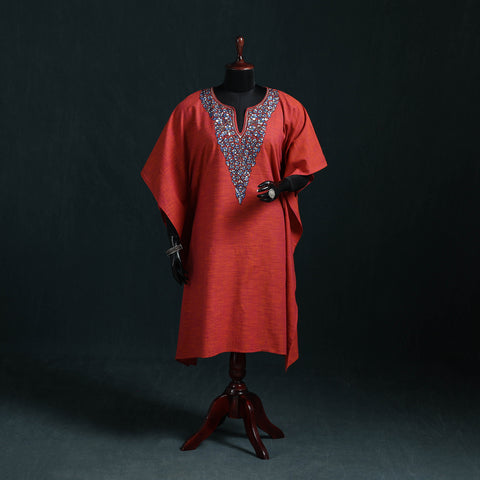 Red - Kashmiri Kashida Hand Embroidered Cotton Kaftan (Medium) 17