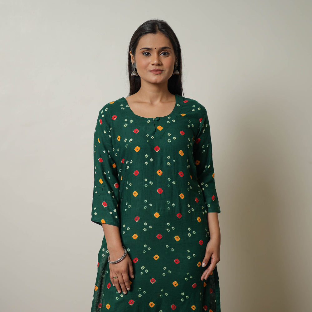 Persian Green - Tie & dye Cotton A-Line Bandhani Kurta 09