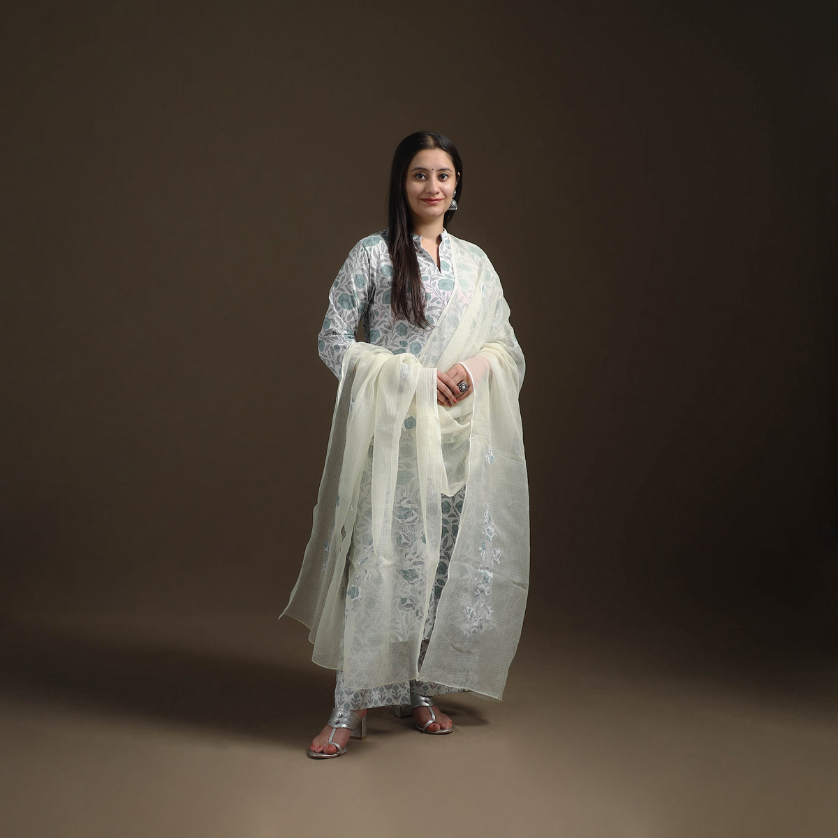 Sanganeri Floral Print Cotton Suit Set with Applique Dupatta for Women 01