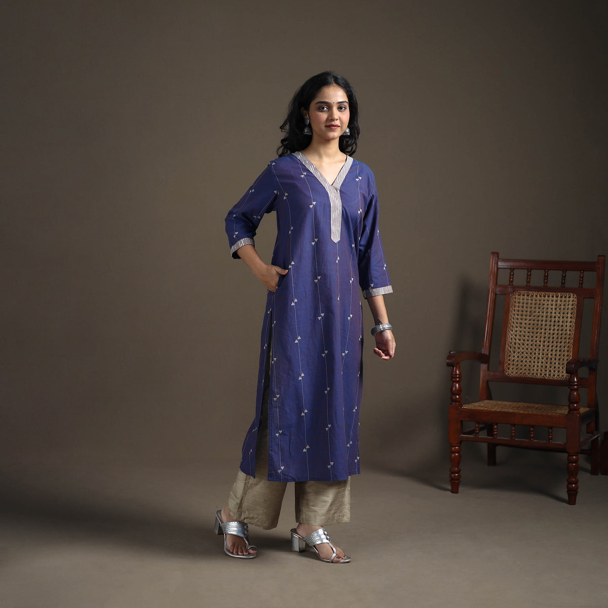 Jacquard Cotton Straight Long Kurta for Women 05
