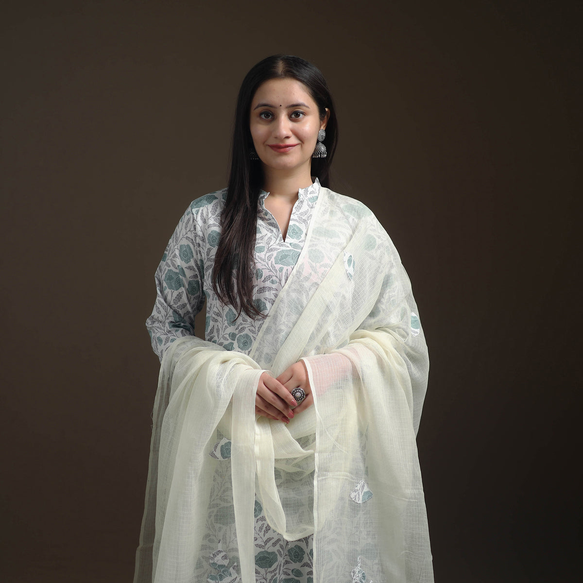 Sanganeri Floral Print Cotton Suit Set with Applique Dupatta for Women 01