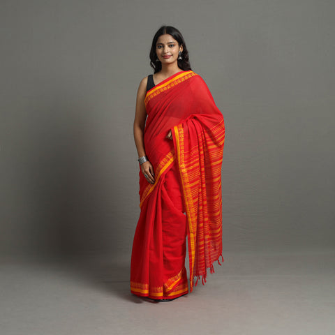 Red - Bengal Handwoven Cotton Plain Begampuri Saree 18