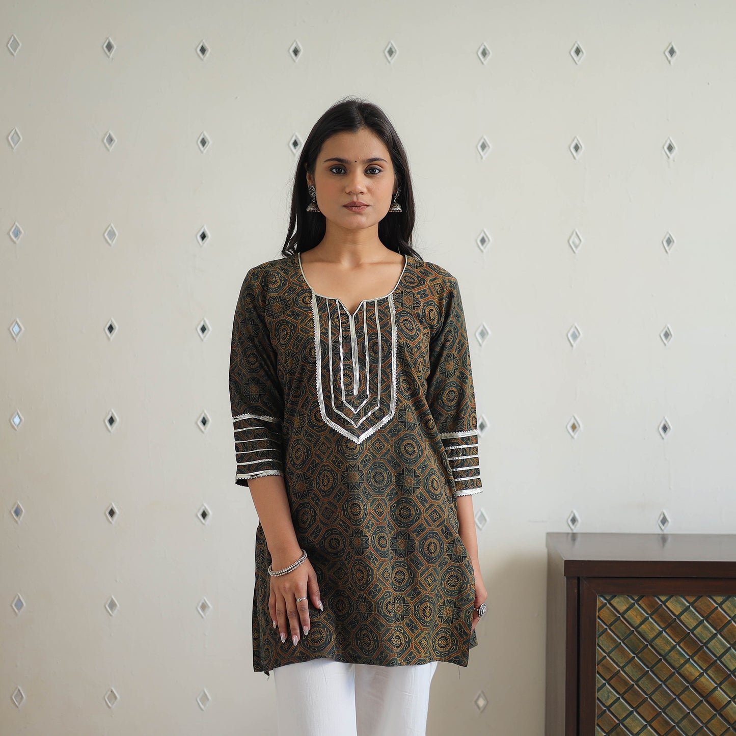 Block Printed Cotton Gota Work Short Ajrakh Kurta 19