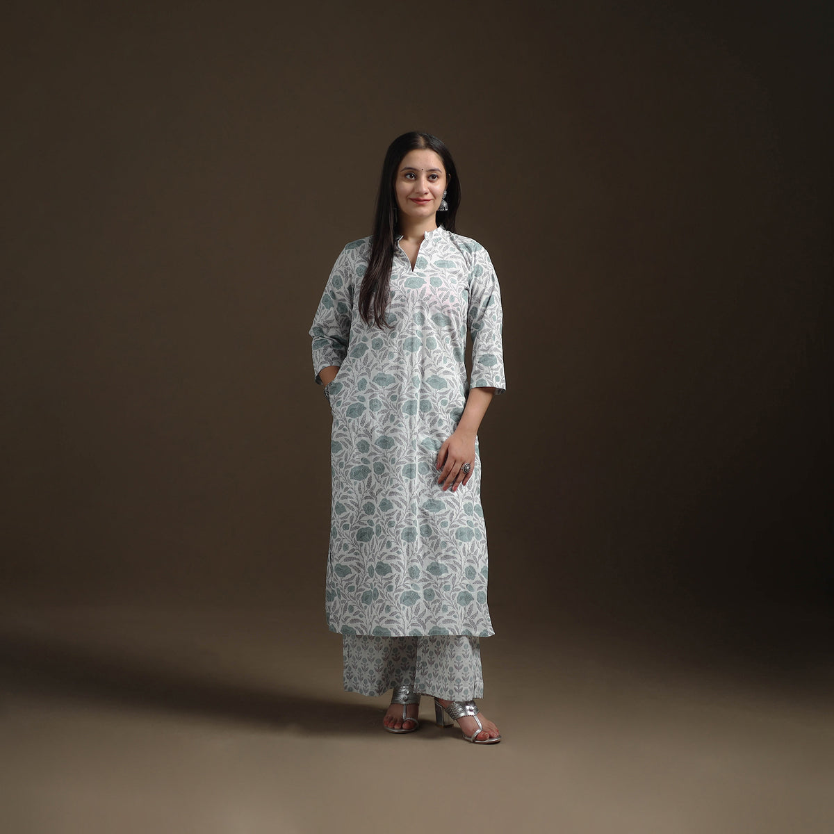 Sanganeri Floral Print Cotton Suit Set with Applique Dupatta for Women 01