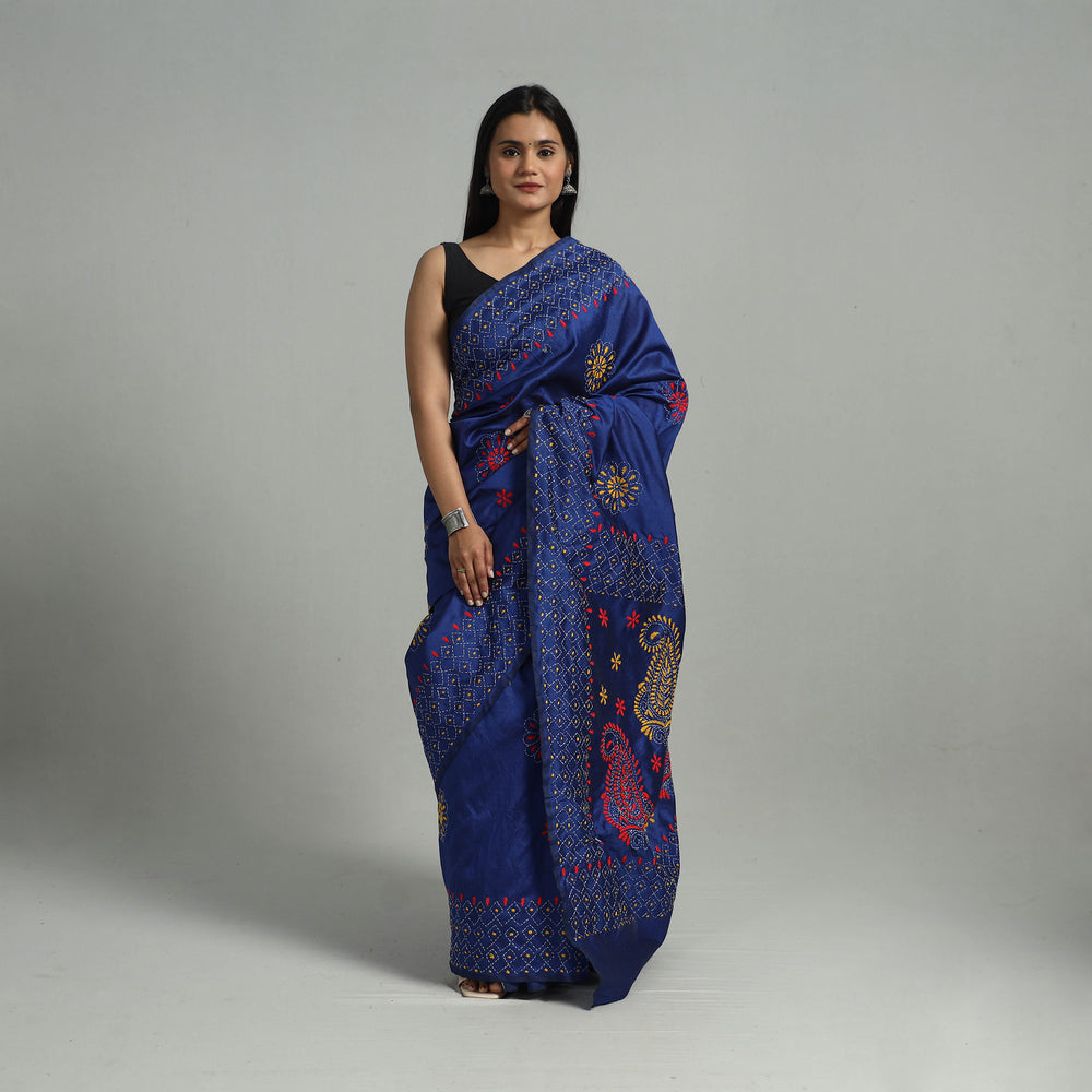 Blue - Handcrafted Bengal Nakshi Kantha Work Silk Saree 42