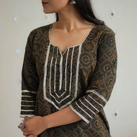 Green Block Print Cotton Gota Work Short Ajrakh Kurta for Women