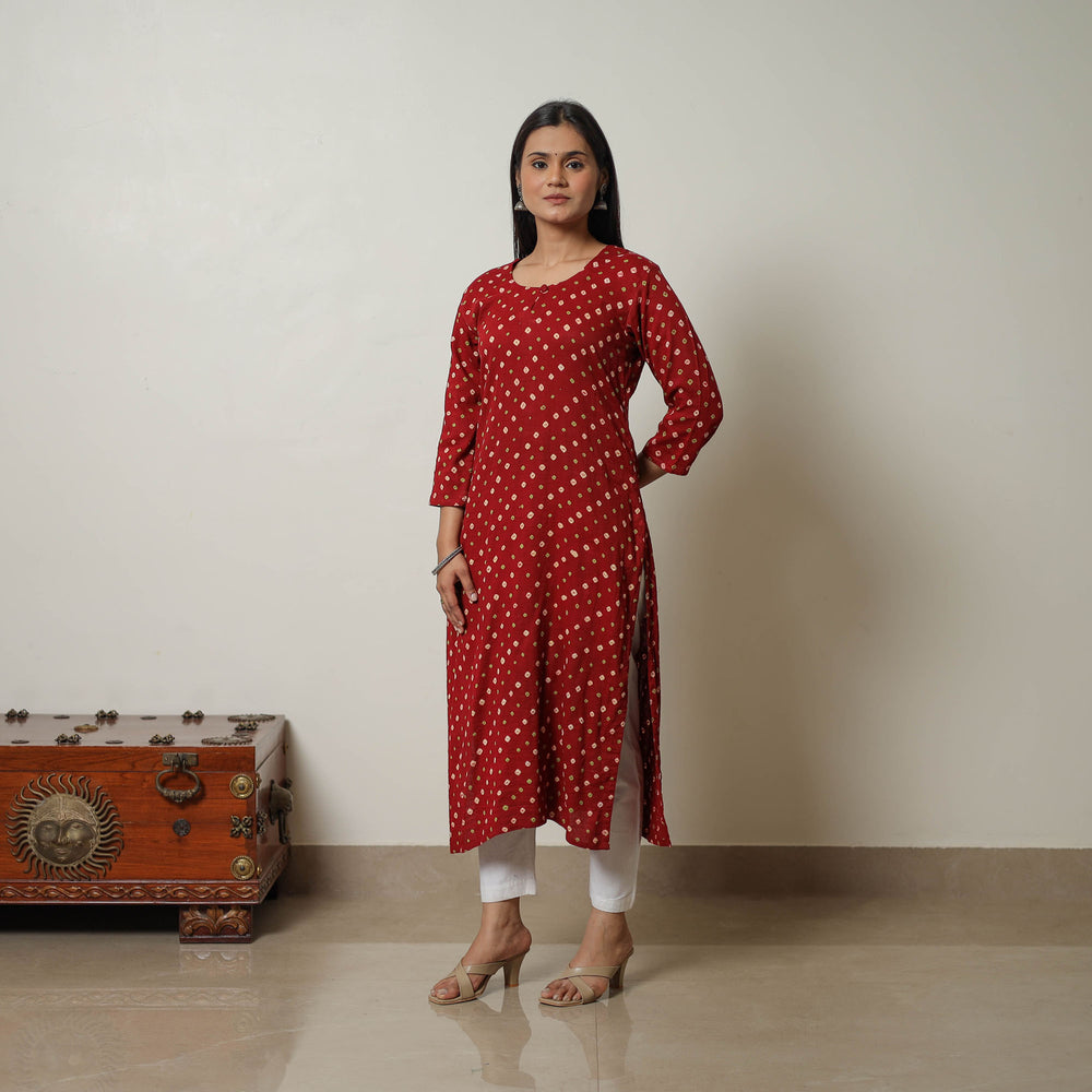 Red - Tie & dye Cotton Straight Bandhani Kurta 08