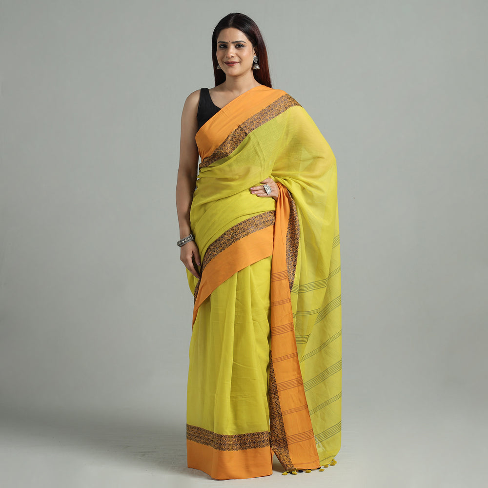 Yellow - Bengal Woven Border Handloom Pure Cotton Saree 53