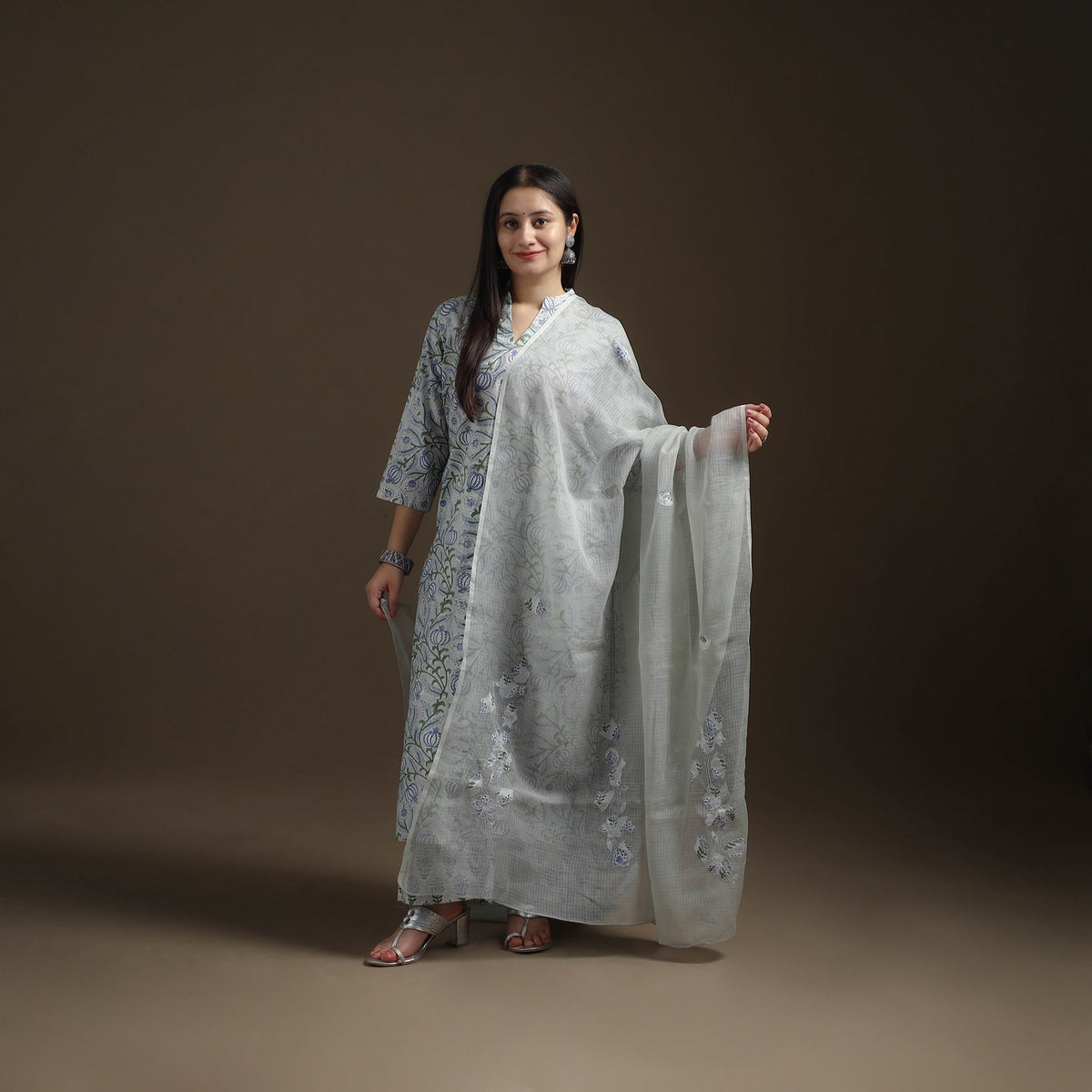 Sanganeri Floral Print Cotton Suit Set with Applique Dupatta for Women 03