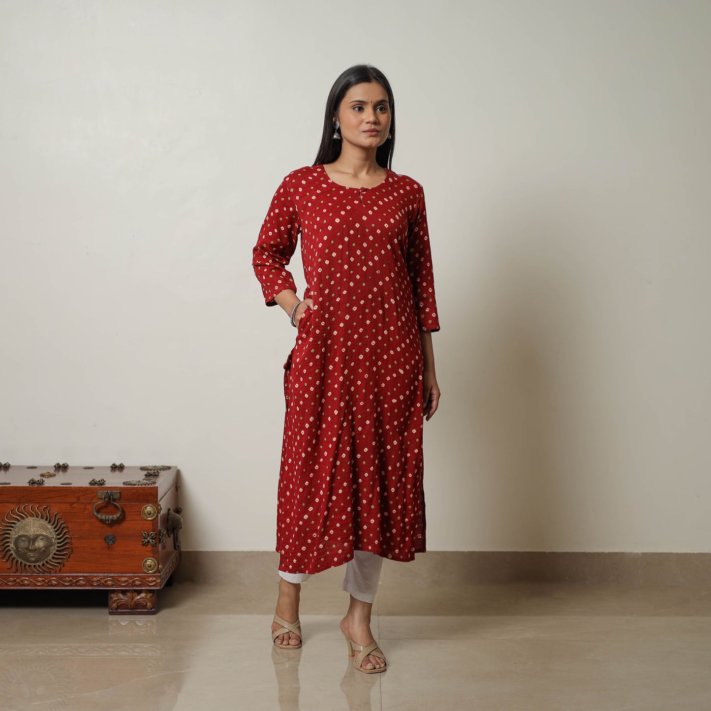 Red - Tie & dye Cotton Straight Bandhani Kurta 08