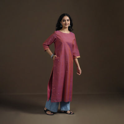 Pink - Mangalagiri Pure Handwoven Cotton Mirror Work Straight Long Kurta for women 14
